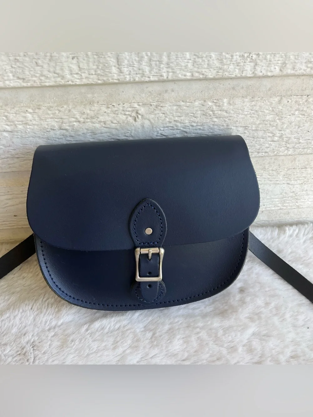 THE LEATHER SATCHEL CO. Navy Blue Flap Saddle Bag Crossbody